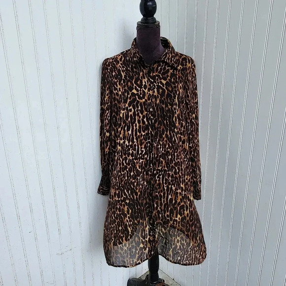 Live 4 Truth Women’s Brown Leopard Coverup Transparent Buttons Dress Sz L - Picture 1 of 12